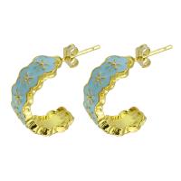 Brass Stud Earring, Flower, gold color plated, for woman & enamel, skyblue, 7x19mm, Sold By Pair