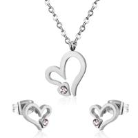 Fashion Stainless Steel Jewelry Sets Stud Earring & necklace 304 Stainless Steel Heart Vacuum Ion Plating 2 pieces & fashion jewelry & for woman & with rhinestone 12mm*9mm 10mm*8mm Length Approx 17.72 Inch Sold By Set