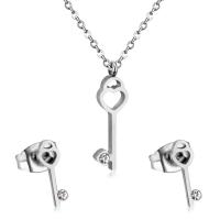 Fashion Stainless Steel Jewelry Sets, Stud Earring & necklace, 304 Stainless Steel, Key, Vacuum Ion Plating, 2 pieces & fashion jewelry & for woman & with rhinestone, original color, 5mm*16mm,3.5mm*10mm, Length:Approx 17.72 Inch, Sold By Set