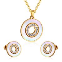 Fashion Stainless Steel Jewelry Sets, Stud Earring & necklace, 304 Stainless Steel, with Shell, Round, Vacuum Ion Plating, 2 pieces & fashion jewelry & for woman & with rhinestone, more colors for choice, 22mm*20mm,15mm, Length:Approx 17.72 Inch, Sold By Set