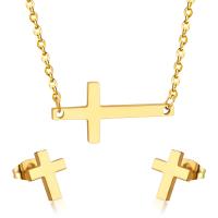 Fashion Stainless Steel Jewelry Sets Stud Earring & necklace 304 Stainless Steel Cross Vacuum Ion Plating 2 pieces & fashion jewelry & for woman 15mm*30mm 11mm*8.5mm Length Approx 17.72 Inch Sold By Set