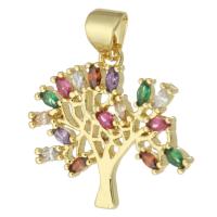 Cubic Zirconia Micro Pave Brass Pendant Tree gold color plated fashion jewelry & DIY & micro pave cubic zirconia & for woman multi-colored Approx 3mm Sold By Lot