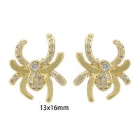 Cubic Zirconia Micro Pave Brass Earring, Spider, gold color plated, fashion jewelry & micro pave cubic zirconia & for woman, golden, 13x16x15mm, 10Pairs/Lot, Sold By Lot