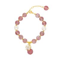 Strawberry Quartz Bracelet with Cubic Zirconia & Zinc Alloy Flower gold color plated for woman Length 7.09 Inch Sold By PC
