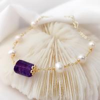 Brass Bracelet & Bangle, with Freshwater Pearl & Amethyst, gold color plated, for woman, mixed colors, nickel, lead & cadmium free, Length:7.09 Inch, Sold By PC