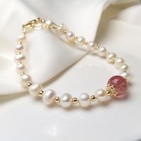 Freshwater Cultured Pearl Bracelet, Freshwater Pearl, with Strawberry Quartz & Brass, Round, gold color plated, for woman, mixed colors, Length:7.09 Inch, Sold By PC