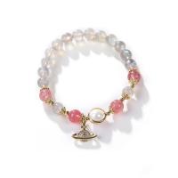 Gemstone Bracelets, Moonstone, with Freshwater Pearl & Strawberry Quartz & Brass, gold color plated, with rhinestone, mixed colors, Length:7.09 Inch, Sold By PC
