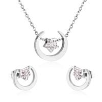 Fashion Stainless Steel Jewelry Sets Stud Earring & necklace 304 Stainless Steel Moon and Star Vacuum Ion Plating 2 pieces & fashion jewelry & micro pave cubic zirconia & for woman 17.8mm*15.5mm 13mm*11.5mm Length Approx 17.72 Inch Sold By Set