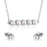 Fashion Stainless Steel Jewelry Sets, Stud Earring & necklace, 304 Stainless Steel, with Plastic Pearl, Vacuum Ion Plating, 2 pieces & fashion jewelry & for woman, more colors for choice, 7mm*41mm,7mm, Length:Approx 17.72 Inch, Sold By Set