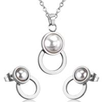 Fashion Stainless Steel Jewelry Sets Stud Earring & necklace 304 Stainless Steel with Plastic Pearl Vacuum Ion Plating 2 pieces & fashion jewelry & for woman 26mm*15mm 16mm*11mm Length Approx 17.72 Inch Sold By Set