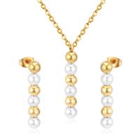 Fashion Stainless Steel Jewelry Sets, Stud Earring & necklace, 304 Stainless Steel, with Plastic Pearl, Vacuum Ion Plating, 2 pieces & fashion jewelry & for woman, more colors for choice, 5x28mm, Length:Approx 17.72 Inch, Sold By Set
