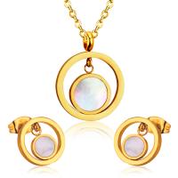 Fashion Stainless Steel Jewelry Sets, Stud Earring & necklace, 304 Stainless Steel, with Shell, Vacuum Ion Plating, 2 pieces & fashion jewelry & for woman, more colors for choice, 26mm*20mm,12mm, Length:Approx 17.72 Inch, Sold By Set