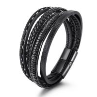 PU Leather Cord Bracelets, with Tibetan Style, Round, gun black plated, for man, black, Length:8.2 Inch, Sold By PC