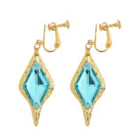 Tibetan Style Drop Earrings, with acrylic rhinestone, Tibetan Style earring clip, gold color plated, for woman, skyblue, 19x40mm, Sold By Pair