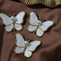 Shell Brooch, with Freshwater Pearl & Tibetan Style, Butterfly, plated, for woman, mixed colors, 39x27mm, Sold By PC