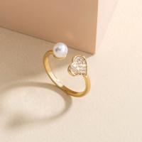 Cubique anneau en laiton Circonia Micro Pave, avec perle de plastique, Réglable & pavé de micro zircon & pour femme, doré, 17mm, Vendu par PC