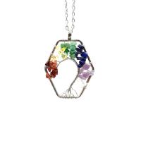 Natural Gemstone Necklace Natural Stone with Brass & Iron with 1.97Inch extender chain Polygon platinum color plated tree of life design & for woman 50mm Length Approx 18.9 Inch Sold By PC