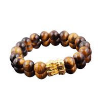 Natural Tiger Eye Bracelets with Brass Round gold color plated Unisex & radiation protection yellow 10mm Length Approx 7.5 Inch Sold By PC