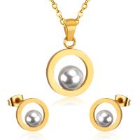 Fashion Stainless Steel Jewelry Sets Stud Earring & necklace 304 Stainless Steel with Plastic Pearl Vacuum Ion Plating 2 pieces & fashion jewelry & for woman 19mm*15mm 11mm Length Approx 17.72 Inch Sold By Set