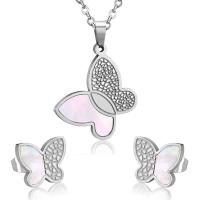 Fashion Stainless Steel Jewelry Sets Stud Earring & necklace 304 Stainless Steel with Shell Butterfly Vacuum Ion Plating 2 pieces & fashion jewelry & for woman 32mm*28.5mm 13mm*15.5mm Length Approx 17.72 Inch Sold By Set