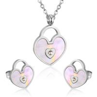 Cubic Zirconia Stainless Steel Jewelry Sets Stud Earring & necklace 304 Stainless Steel with Shell Heart Vacuum Ion Plating 2 pieces & fashion jewelry & micro pave cubic zirconia & for woman 27.5mm*19mm 15mm*13mm Length Approx 17.72 Inch Sold By Set