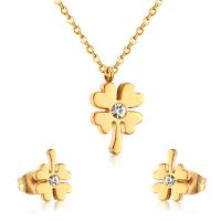 Rhinestone Stainless Steel Jewelry Set, Stud Earring & necklace, 304 Stainless Steel, Four Leaf Clover, Vacuum Ion Plating, 2 pieces & fashion jewelry & for woman & with rhinestone, more colors for choice, 9mm*12mm,6mm*8mm, Length:Approx 17.72 Inch, Sold By Set