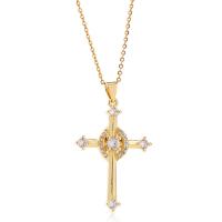 Cubic Zircon Micro Pave Brass Necklace, with 1.96inch extender chain, Cross, real gold plated, oval chain & different styles for choice & micro pave cubic zirconia & for woman, nickel, lead & cadmium free, Length:Approx 15.7 Inch, Sold By PC