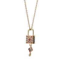 Cubic Zircon Micro Pave Brass Necklace, Lock and Key, gold color plated, oval chain & micro pave cubic zirconia & for woman, more colors for choice, nickel, lead & cadmium free, 9x28mm, Length:Approx 15.7 Inch, Sold By PC
