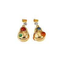 Boucles d'oreilles pendantes en laiton, avec pierre gemme, Placage de couleur d'or, pavé de micro zircon & pour femme, 25x15mm, Vendu par paire
