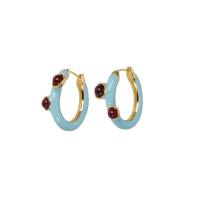 Brass Hoop Earring, with Gemstone, gold color plated, for woman & enamel, two different colored, 26x24mm, Sold By Pair