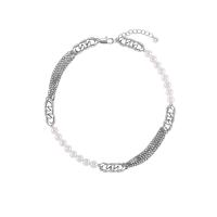 Freshwater Pearl Brass Chain Necklace, cobre, with Pérolas de água doce, cromado de cor platina, para mulher, comprimento Aprox 15.74 inchaltura, vendido por par