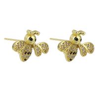 Brass Stud Earring, Bee, gold color plated, fashion jewelry & micro pave cubic zirconia & for woman, golden, 19x13x15mm, 10Pairs/Lot, Sold By Lot
