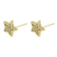 Brass Stud Earring, Star, gold color plated, fashion jewelry & micro pave cubic zirconia & for woman, golden, 9x9x13mm, 10Pairs/Lot, Sold By Lot