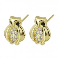 Cubic Zirconia Micro Pave Brass Earring, Owl, gold color plated, fashion jewelry & micro pave cubic zirconia & for woman, golden, 9x11x15mm, 10Pairs/Lot, Sold By Lot