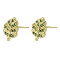 Cubic Zirconia Micro Pave Brass Earring, Leaf, gold color plated, fashion jewelry & micro pave cubic zirconia & for woman, green, 8x12x13mm, 10Pairs/Lot, Sold By Lot