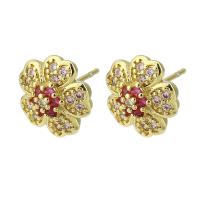 Cubic Zirconia Micro Pave Brass Earring Flower gold color plated fashion jewelry & micro pave cubic zirconia & for woman pink Sold By Lot