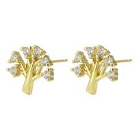 Cubic Zirconia Micro Pave Brass Earring, Tree, gold color plated, fashion jewelry & micro pave cubic zirconia & for woman, golden, 12x11x15mm, 10Pairs/Lot, Sold By Lot