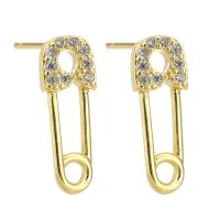 Cubic Zirconia Micro Pave Brass Earring, Safety Pin, gold color plated, fashion jewelry & micro pave cubic zirconia & for woman, golden, 5x16x14mm, 10Pairs/Lot, Sold By Lot