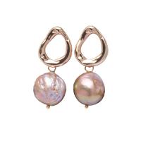 Freshwater Pearl Drop Earring, with Brass, Round, gold color plated, for woman, multi-colored, 13-14mm, Sold By Pair