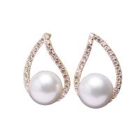 Freshwater Pearl Earrings, with Brass, Teardrop, gold color plated, for woman & with rhinestone, white, 8-9mm, Sold By Pair