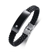 PU Leather Cord Bracelets, 304 Stainless Steel, with Microfiber PU, fashion jewelry & for man & with rhinestone, black, Length:Approx 8.46 Inch, Sold By PC