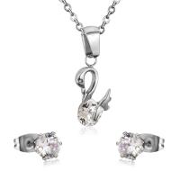 Fashion Stainless Steel Jewelry Sets, Stud Earring & necklace, 304 Stainless Steel, with Cubic Zirconia, Swan, Vacuum Ion Plating, 2 pieces & fashion jewelry & for woman, original color, 20mm*17mm,8mm, Length:Approx 17.72 Inch, Sold By Set