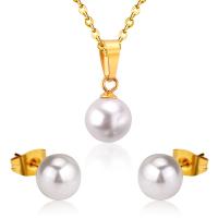 Fashion Stainless Steel Jewelry Sets Stud Earring & necklace 304 Stainless Steel with Plastic Pearl Vacuum Ion Plating 2 pieces & fashion jewelry & for woman 10mm 8mm Length Approx 17.72 Inch Sold By Set