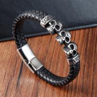 PU Leather Cord Bracelets with 304 Stainless Steel Vacuum Ion Plating for man black Length 8.2 Inch Sold By PC