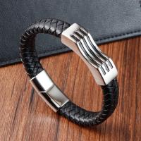 PU Leather Cord Bracelets, with 304 Stainless Steel, Vacuum Ion Plating, for man, black, Length:8.2 Inch, Sold By PC