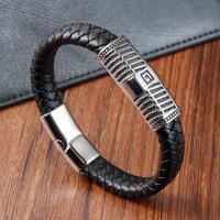 PU Leather Cord Bracelets with 304 Stainless Steel Vacuum Ion Plating for man black Length 8.2 Inch Sold By PC