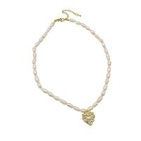 Freshwater Pearl Brass Necklace, with Brass, with 1.96inch extender chain, Heart, real gold plated, Korean style & for woman, Length:Approx 14.5 Inch, Sold By PC