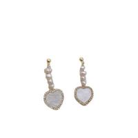Brass Drop Earring, with White Shell & Freshwater Pearl, Heart, real gold plated, Korean style & micro pave cubic zirconia & for woman, 32x13mm, Sold By Pair