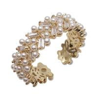 metal Anillo de dedo Cuff, con Perlas plásticas, 18K chapado en oro, para mujer & con diamantes de imitación, libre de níquel, plomo & cadmio, tamaño:6-8, Vendido por UD
