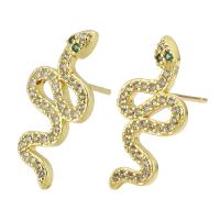 Cubic Zirconia Micro Pave Brass Earring, Snake, gold color plated, fashion jewelry & micro pave cubic zirconia & for woman, golden, 9x19x14mm, 10Pairs/Lot, Sold By Lot
